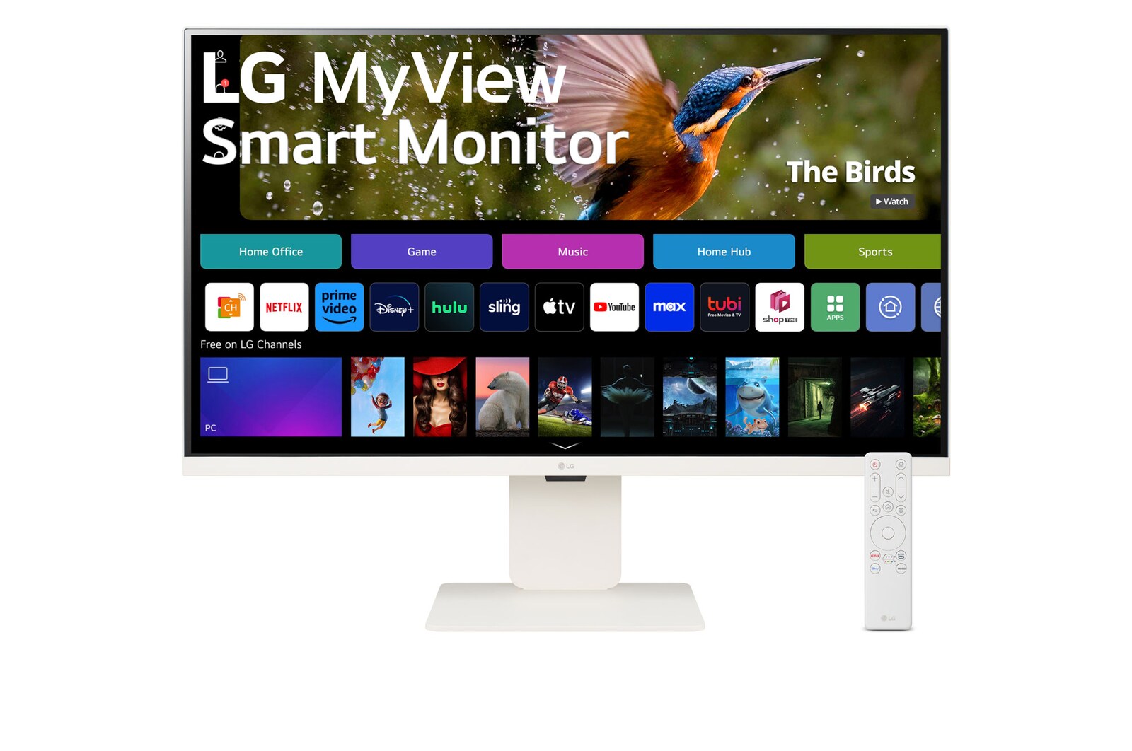 LG MyView 智能顯示器 32SR83U-W 的前視圖，配備遙控器和網絡攝影機