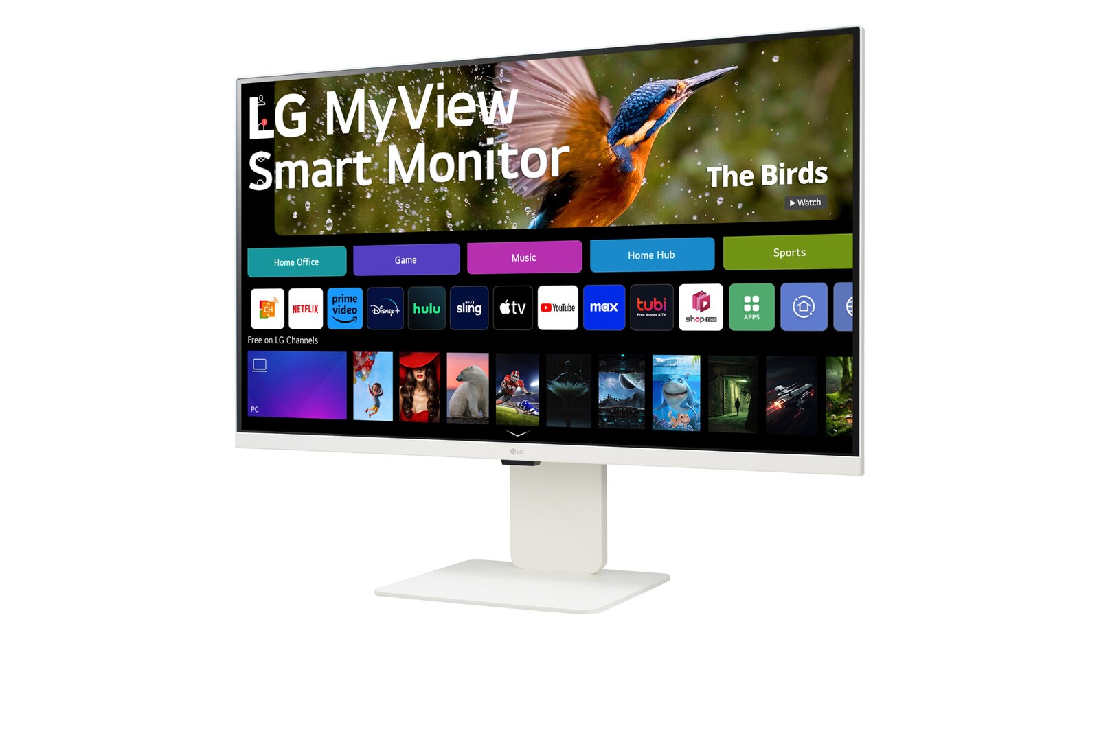 LG MyView 智能顯示器 32SR83U-W 的前視圖，配備關閉的網絡攝影機