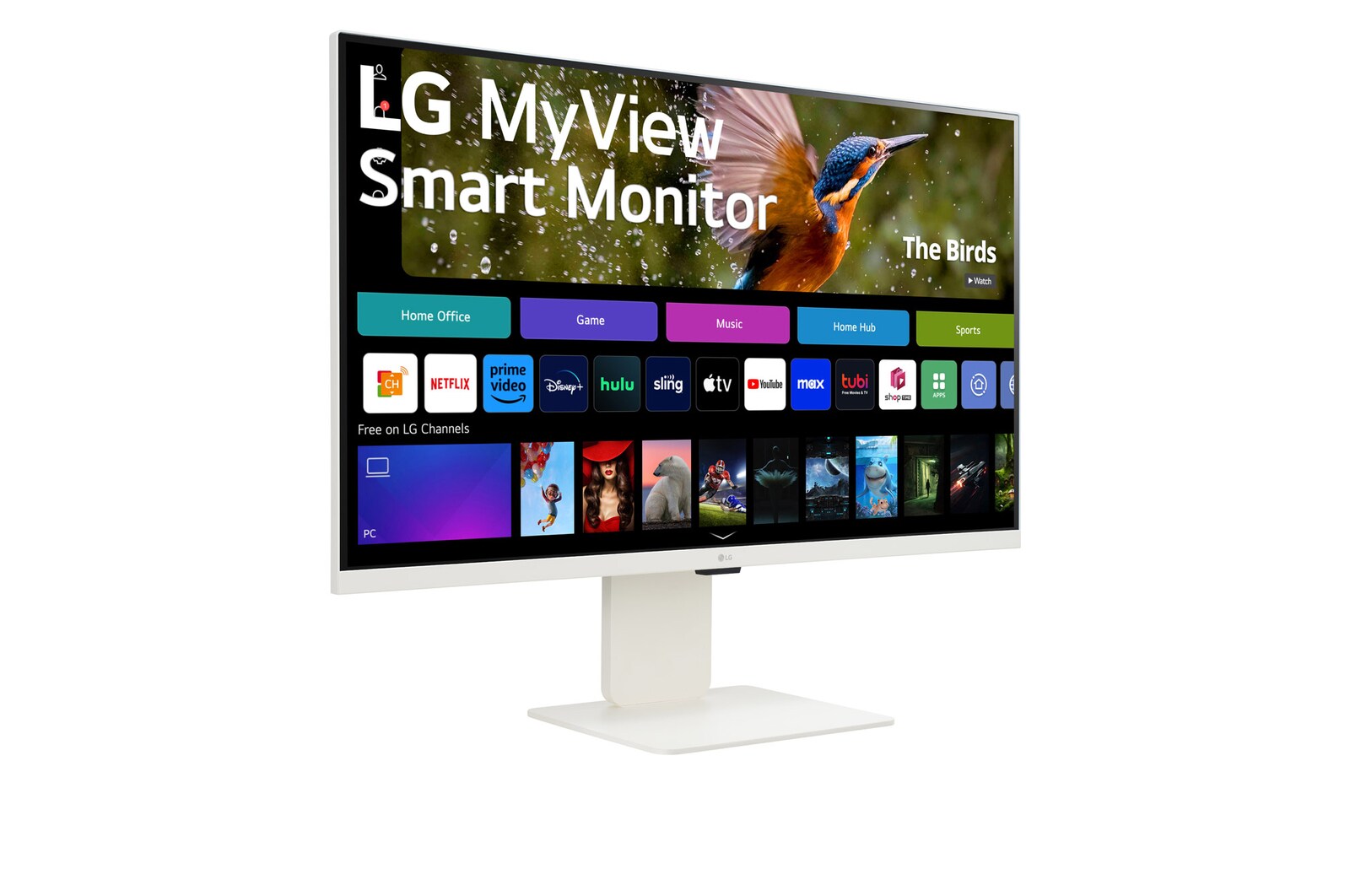 LG MyView 智能顯示器 32SR83U-W 的 -15 度側視圖，配備網絡攝影機