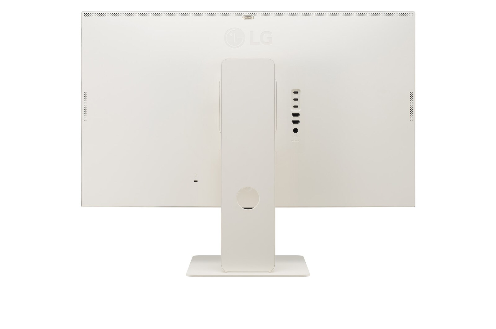 LG MyView 智能顯示器 32SR83U-W 的 +15 度側視圖，配備網絡攝影機