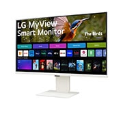 LG MyView 智能顯示器 32SR83U-W 的前視圖，配備關閉的網絡攝影機