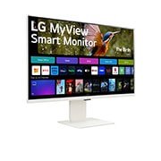 LG MyView 智能顯示器 32SR83U-W 的 -15 度側視圖，配備網絡攝影機