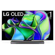 Front view with LG OLED evo and 10 Years World No.1 OLED Emblem on screen, as well as the Soundbar below. 