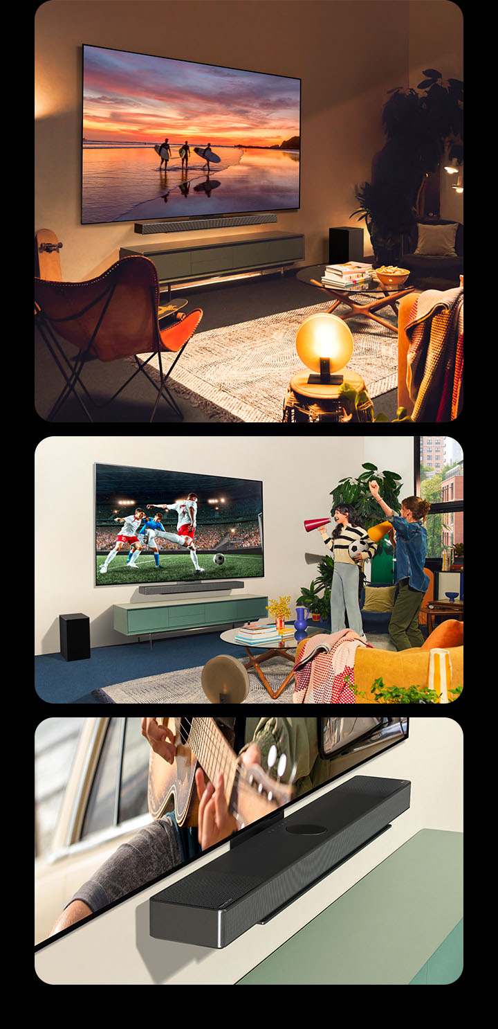 Three images are shown in sequence. Firstly, a side profile view of LG OLED evo C4 showing landscape photography in a casual and bohemian-style living room with warm lights. And then, two women enjoying and cheering on the soccer game playing on LG OLED evo C4 in a bright and casual living room. The LG Soundbar SC9 attaches neatly to the TV. Lastly, an angled crop view of LG OLED evo C4 attached to LG Soundbar SC9 with the Synergy Bracket. 