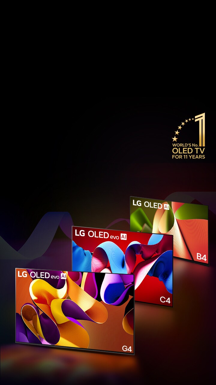 PC: LG OLED evo AI G4, LG OLED evo AI C4, and LG OLED AI B4 side-by-side, each displaying a different-colored abstract artwork on screen. Light casts from each TV to the ground below. A gold emblem of World's number 1 OLED TV for 11 Years at the top right corner. On the other hand, the same images of LG OLED evo AI G4, LG OLED evo AI C4, and LG OLED AI B4 are shown in a row in mobile device.