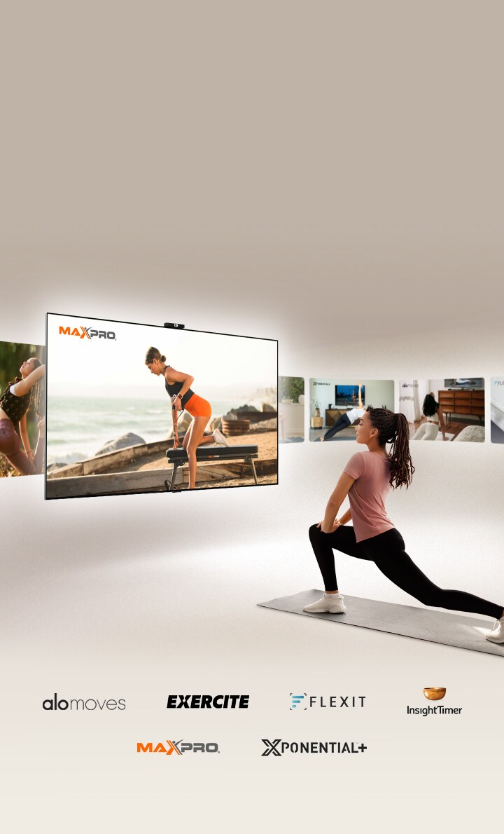 A woman is in a lunge position on a yoga mat in front of an LG TV. The TV shifts through videos of Exercite, Xponential, Alo Moves, FLEXIT, Insight Timer and Maxpro.