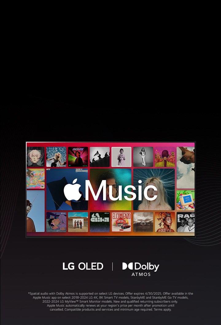 A grid layout of albums with the Apple Music logo overlayed, with LG OLED and Dolby Atmos Logo below.