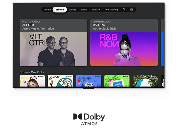 The Apple Music interface shows updated playlists and personalized picks with the Dolby Atmos logo below it.