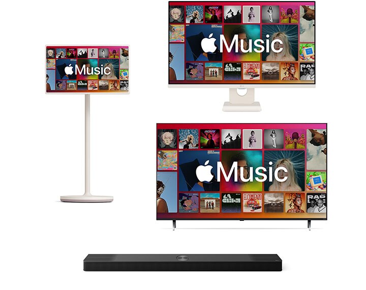 LG StandbyME, an LG TV with LG Soundbar, and LG monitor all show Apple Music on their displays.