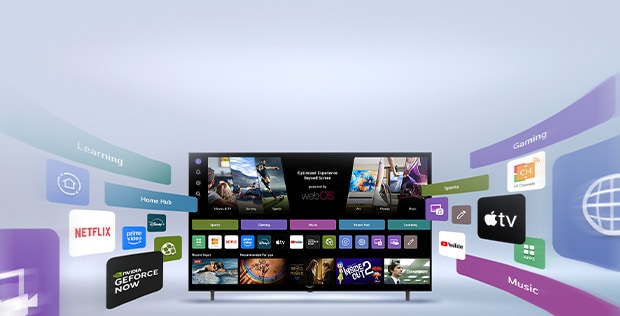 LG Smart TV displaying webOS home screen with entertainment apps dynamically expanding outward, highlighting global apps and channels.