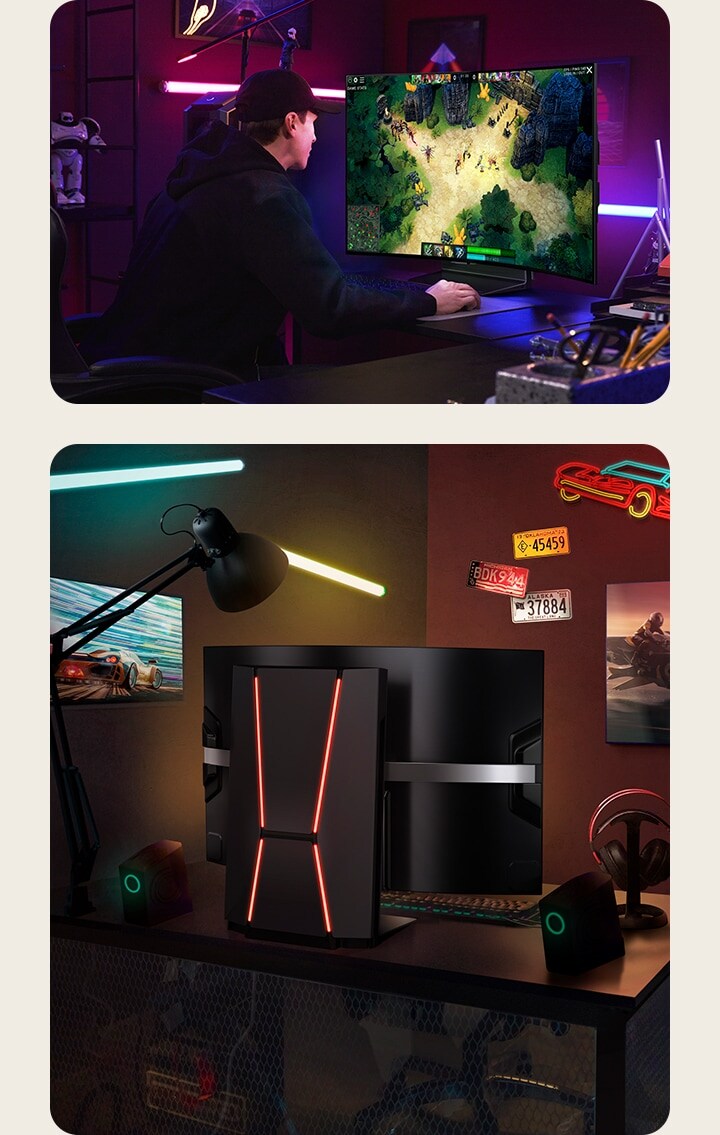 Two different gaming setups with an LG OLED Flex on the computer table. In one, a gamer is seen using the LG OLED Flex to play a video game. In the other setup, the back side of the LG OLED Flex is featured. At this angle, the curvature of the TV's display is highlighted.	
