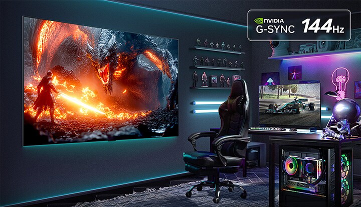 Game room with a wireless gaming setup. LG True Wireless TV is wall-mounted with a high-resolution game on its screen. PC, gaming chair, toys, and neon mood lights are also visible. Nvidia G-Sync logo and 144Hz logo are seen. 