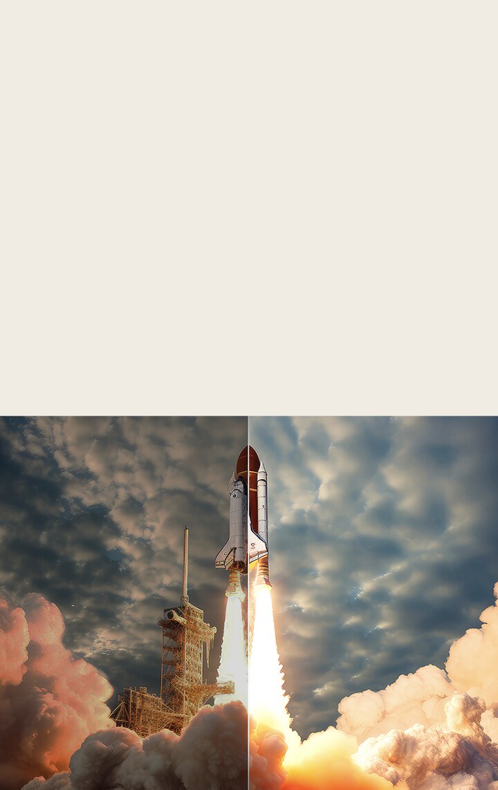 Scene of a space shuttle launch that's split in half. One half of the scene is bright and vivid thanks to the LG brightness boosting algorithms. The other half is dark, faded, and gray.