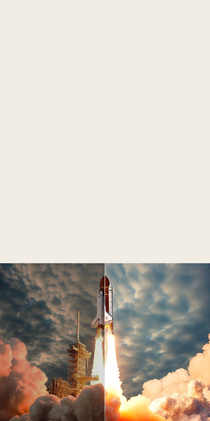 Scene of a space shuttle launch that's split in half. One half of the scene is bright and vivid thanks to the LG brightness boosting algorithms. The other half is dark, faded, and gray.