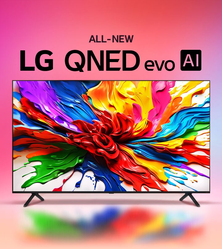 LG QNED TV against a colorful gradient background. On the screen is a beautifully saturated image of different paint splashes highlighting the color capabilities of the TV. The all new LG QNED evo AI logo is also visible.