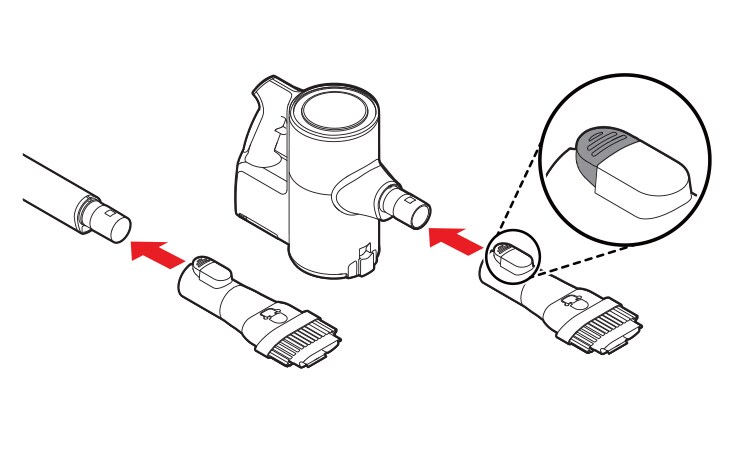 Press the nozzle release button to remove the nozzle from the extension pipe or product body Attach the nozzles tools or extension pipe by sliding them onto the inlet on the body until they click into place The nozzles and tools can also be attached to the end of the extension pipe