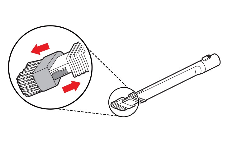 To convert the tool from crevice to brush mode press in on the sides of the brush head and pull the brush down To convert back to the crevice mode press in on the brush release button and slide the brush up