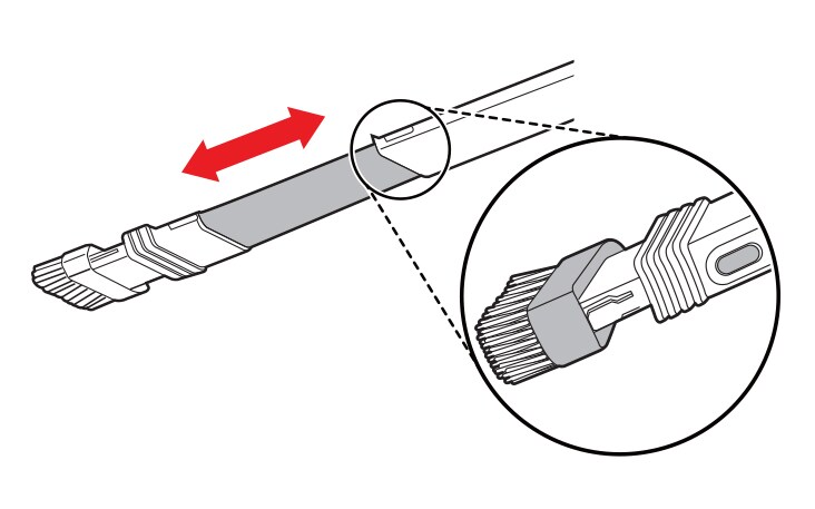 To convert the tool from crevice to brush mode press in on the sides of the brush head and pull the brush down To convert back to the crevice mode press in on the brush release button and slide the brush up