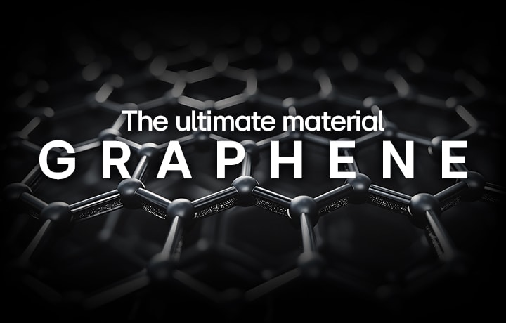 There is an image showing a hexagon pattern. In front of the image, the sentence 'The ultimate material GRAPHENE' is written.