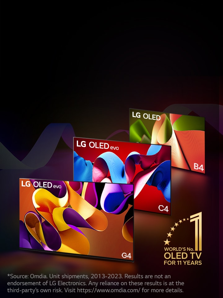 LG OLED evo TV C4, evo G4, and B4 standing in a line against a black backdrop with subtle swirls of color. The "World's number 1 OLED TV for 11 Years" emblem is in the image. 