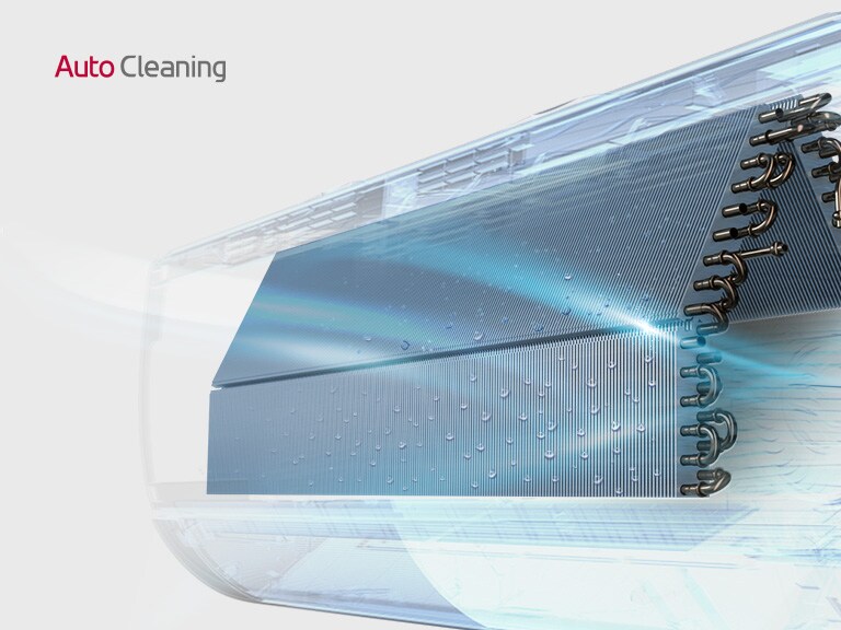LG air conditioner showcasing "Auto Cleaning" with water droplets and blue light highlighting internal cooling fins.