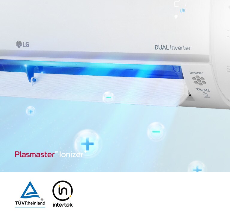 LG Dual Inverter air conditioner with Plasmaster Ionizer and ThinQ technology, emitting blue light with ion symbols.