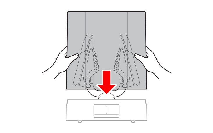 The lid of the drying case is being closed by hand, with the arrow pointing downward.