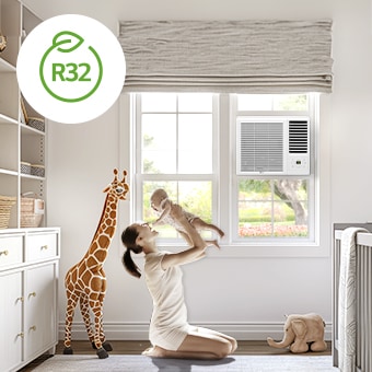 LG window air conditioner with R32 refrigerant for efficiency.	