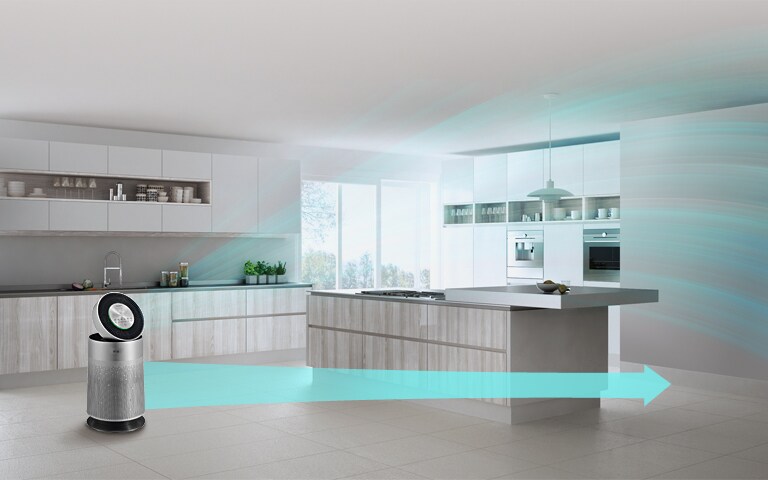 Modern kitchen with white cabinets and large island, featuring an air purifier emitting a blue stream of clean air.