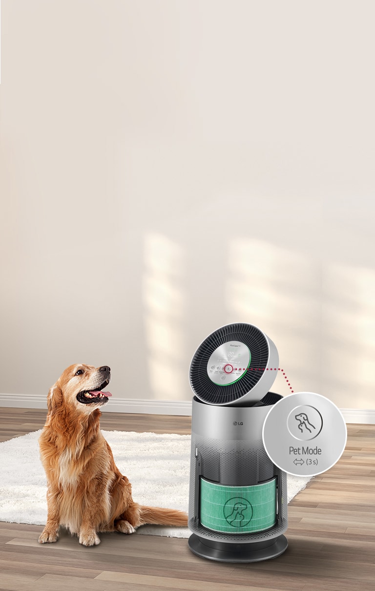 Golden retriever sitting on a rug next to an LG air purifier with a highlighted "Pet Mode" button, on a wooden floor.