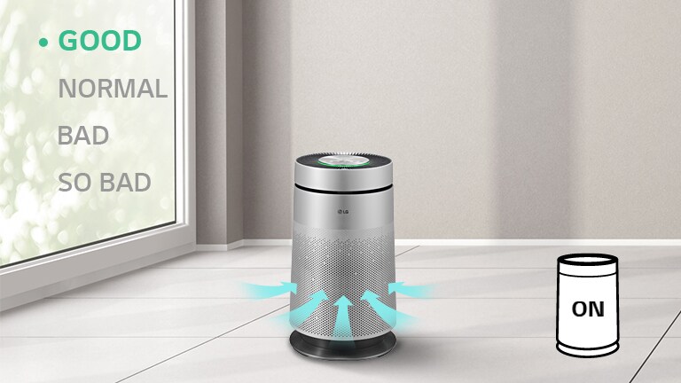 LG air purifier in a bright room with "GOOD" air quality indicator and blue arrows showing clean airflow.