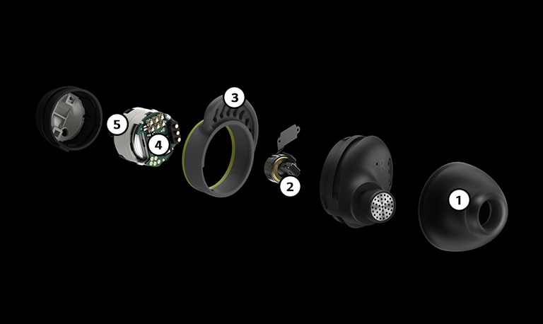 Deconstructed view of the TONE Free fit earbuds, divided into 6 pieces.