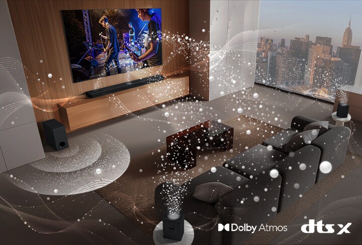 LG TV, LG Soundbar, rear speakers and a subwoofer are in a living room of a skyscraper, playing a musical performance. White soundwaves made up of droplets project from the soundbar and rear speakers, looping around the sofa and living space. A subwoofer is creating a sound effect from the bottom. Dolby Atmos logo DTS X logo