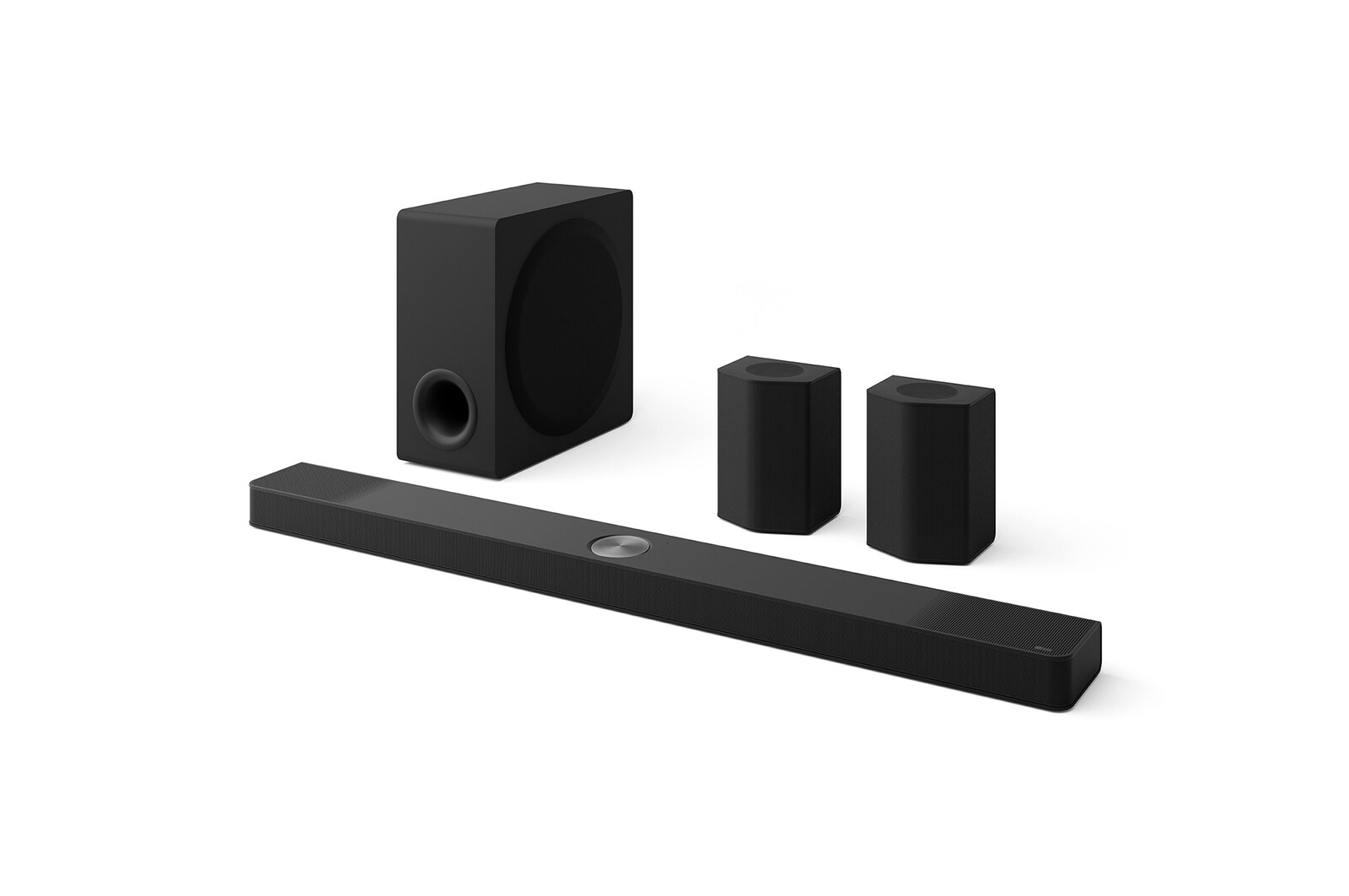 45-degree side angle view of LG Soundbar S95TR, subwoofer, and Rear Speakers
