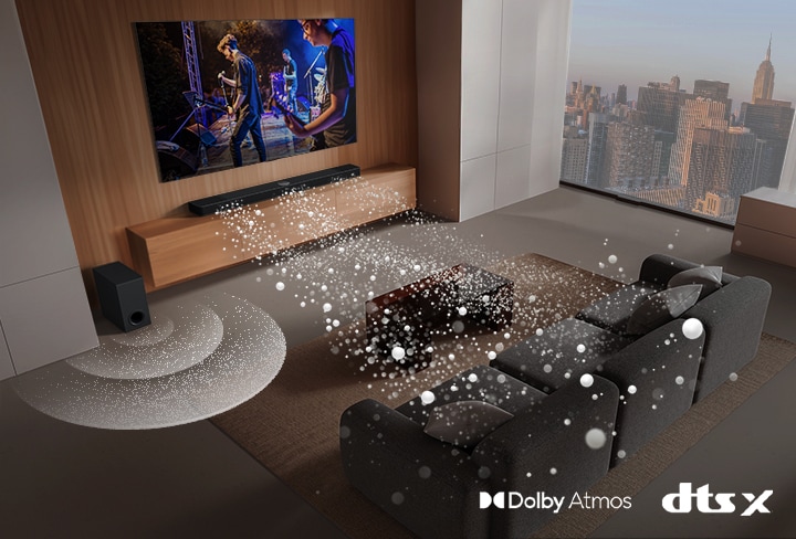 LG Soundbar, LG TV and a subwoofer are in a living room of a skyscraper, playing a musical performance. Three branches of white soundwaves made up of droplets project from the soundbar and a subwoofer is creating a sound effect from the bottom. Dolby Atmos logo DTS X logo