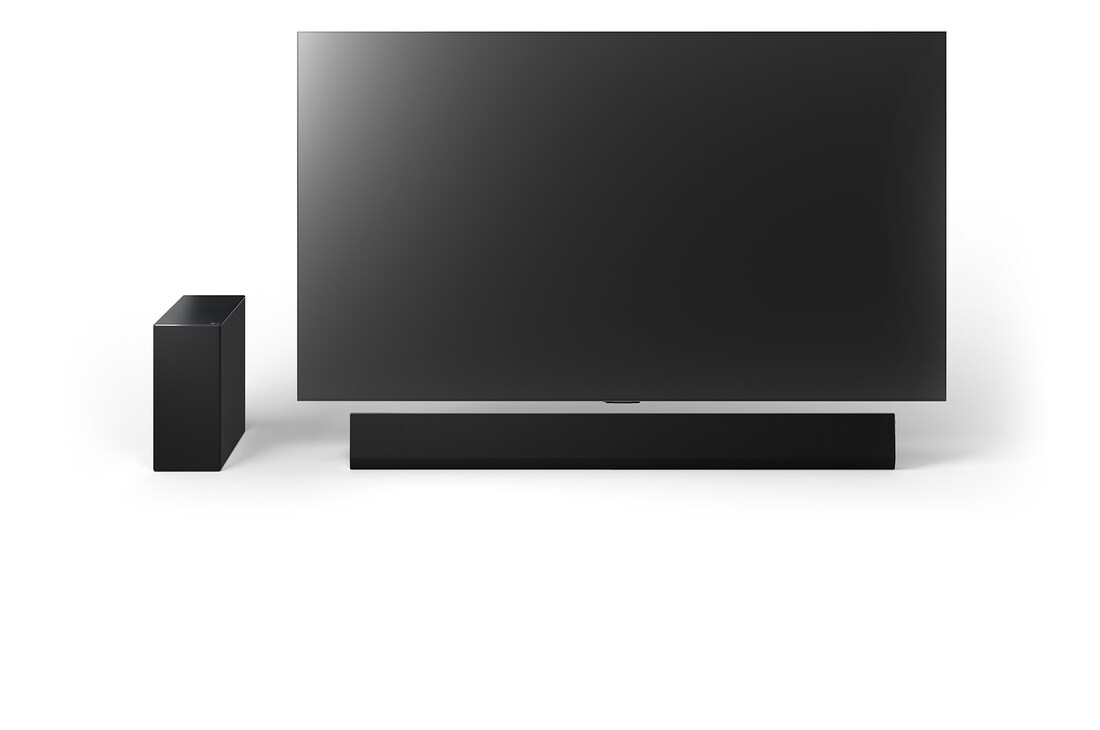 Front view of 77inch LG OLED G4, LG Soundbar SG10TY, and Subwoofer