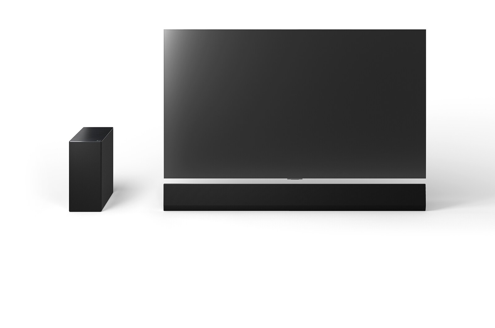 Front view of 65inch LG OLED G4, LG Soundbar SG10TY, and Subwoofer