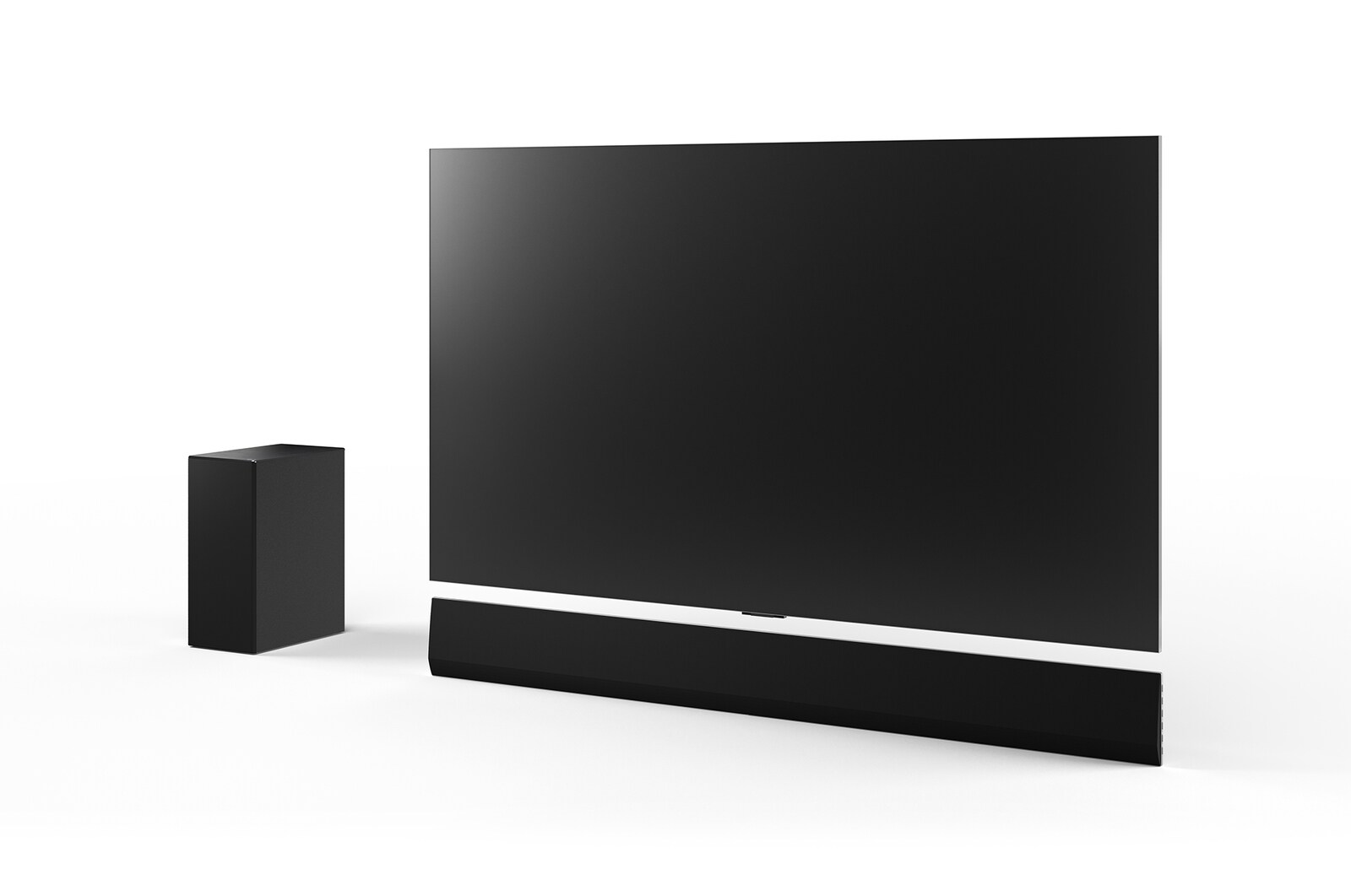 Angled view of 65inch LG OLED G4, LG Soundbar SG10TY, and Subwoofer