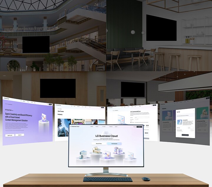This image features the LG Business Cloud main screen on a monitor, with various web page views shown behind it.