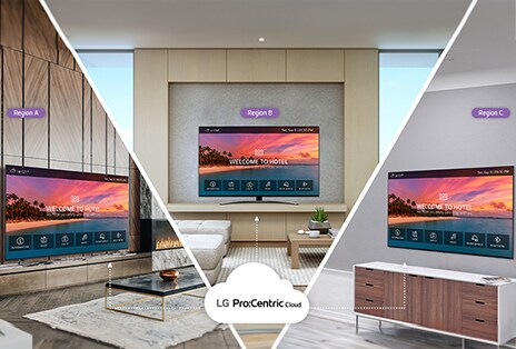 This image features multiple displays from different hotel rooms, all presenting the hotel’s branding screen.