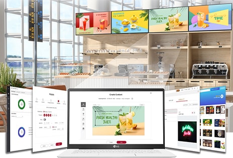 This image shows a laptop running the actual LG SuperSign Cloud solution, with its screen content mirrored on a background display through the solution.