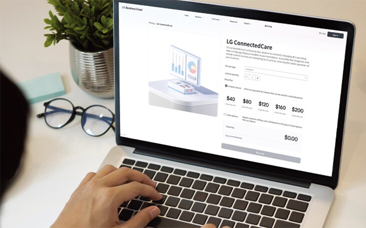 This image portrays a laptop screen subscribing to or purchasing a solution, demonstrating the ease of purchase via the website.