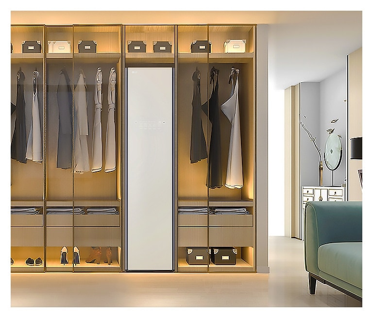 It shows LG Objet Collection Styler stood with built-in closet in dressing room.