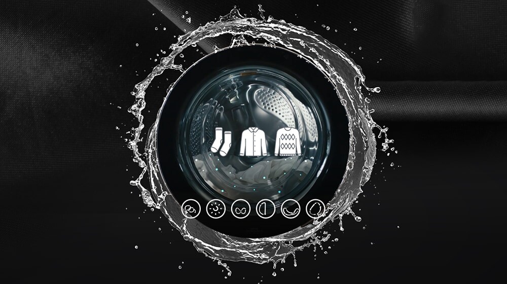 Washing machine drum with water splash, icons of socks, shirt, and sweater indicating laundry modes on a black background.