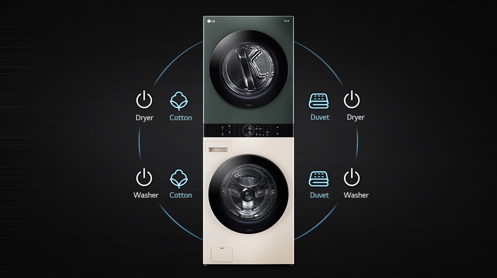 LG stacked washer and dryer, with cotton and duvet settings icons displayed on both sides against a black background.