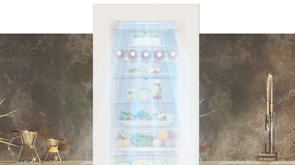 LG refrigerator with transparent door, showing organized eggs, vegetables, and drinks, illuminated in a modern kitchen.