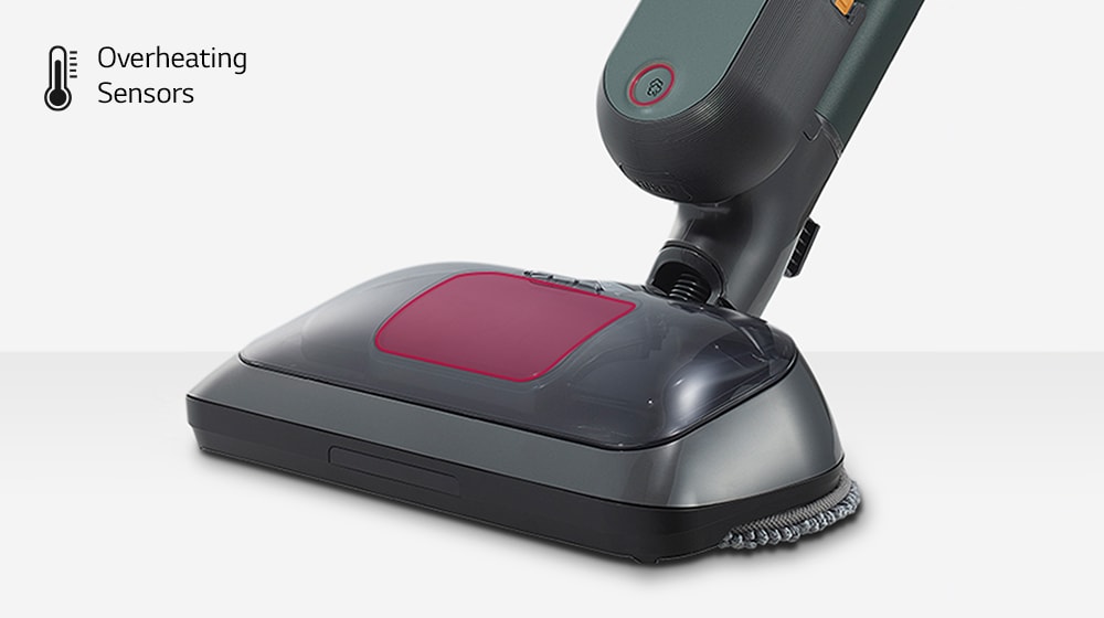 LG vacuum cleaner base with sleek grey and red design, featuring visible overheating sensors on the top left.