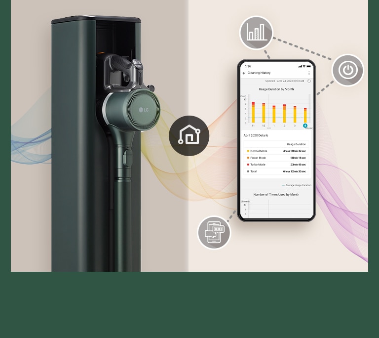 LG vacuum cleaner docked on the left, with a smartphone on the right displaying cleaning history and usage duration charts.