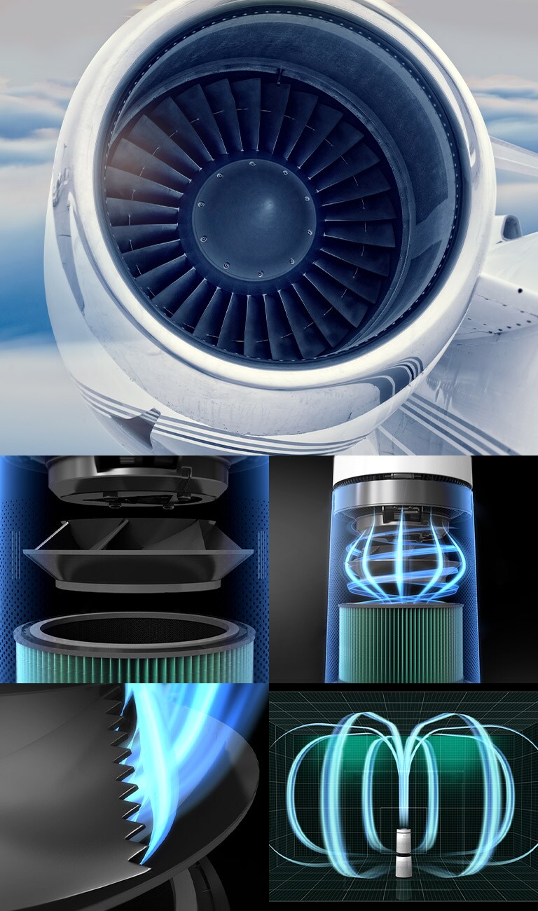 Air purification tech inspired by jet engines, showing filters, airflow patterns, and advanced design elements.