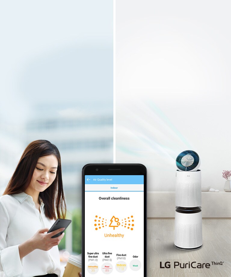 Woman looks at phone showing unhealthy air quality; an LG PuriCare ThinQ air purifier emits clean air nearby.